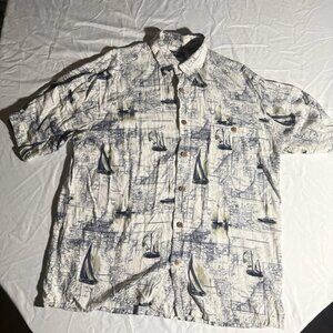Puritan Men Shirt Sz XL White Nautical Sail Boat Print Button Up Short Sleeve